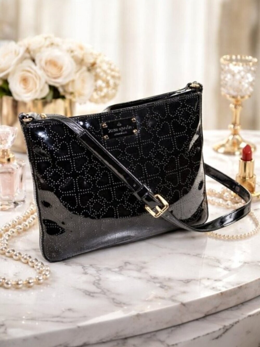 Kate Spade Darby Metro Black Patent Perforated Spade Crossbody Bag